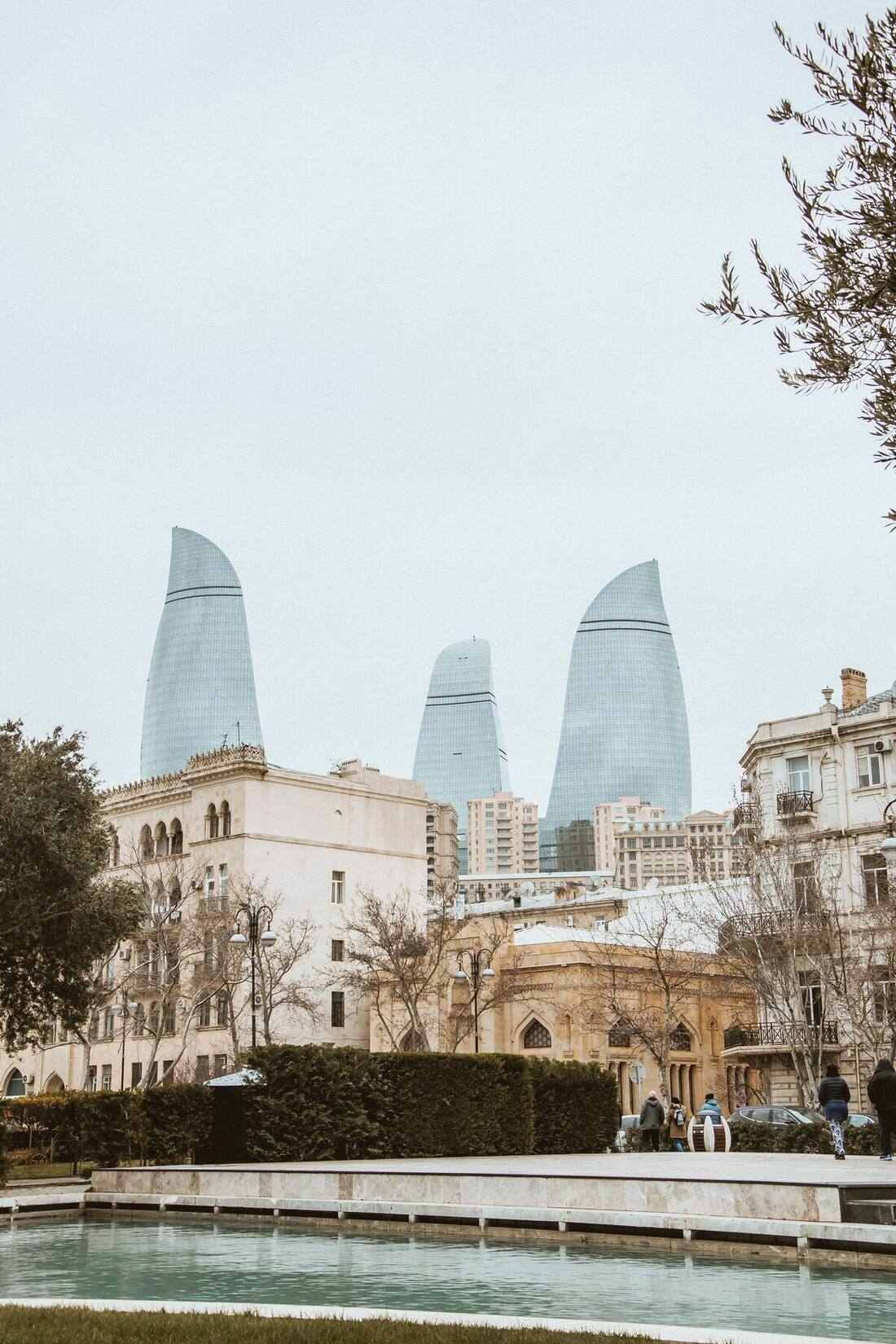 Baku skyline with iconic Flame Towers and historic buildings, Azerbaijan