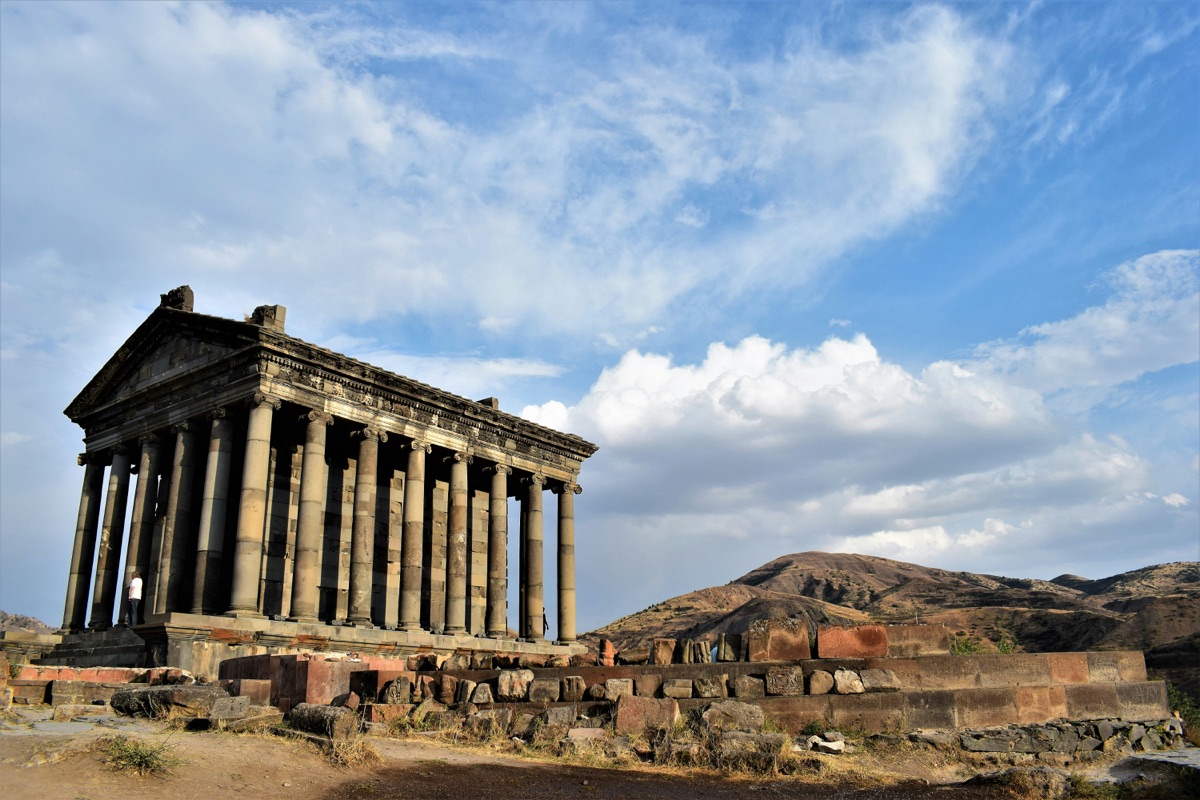 Garni Temple — the 1st-century Hellenistic temple in Armenia — under a blue sky