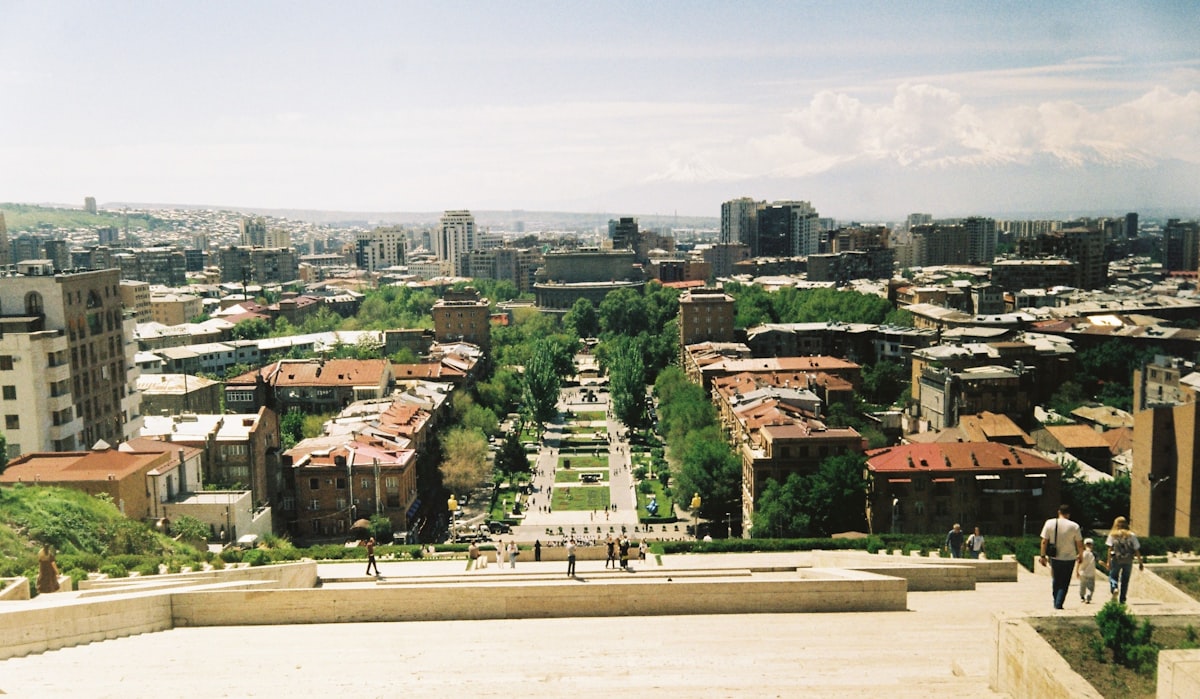 View from the Cascade monument over Yerevan's rooftops toward Mount Ararat in the background