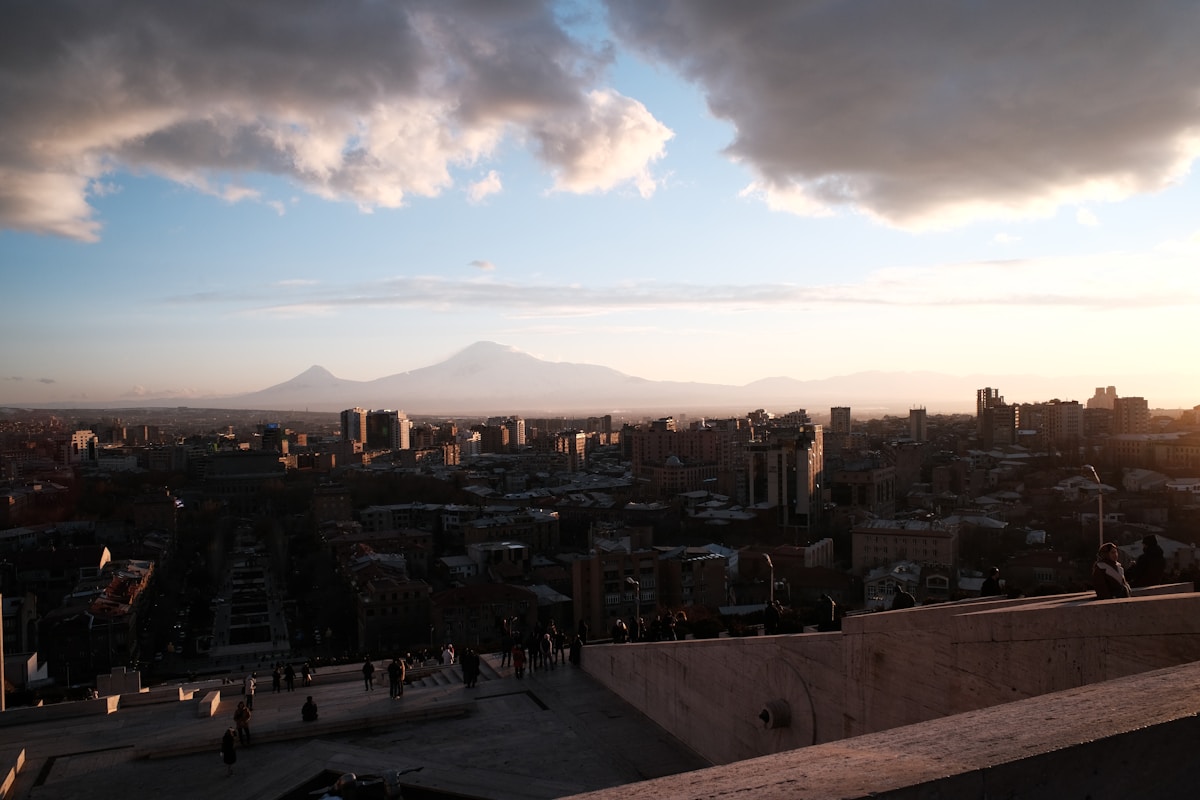 Yerevan cityscape at sunset with Mount Ararat on the horizon, viewed from the Cascade, Armenia