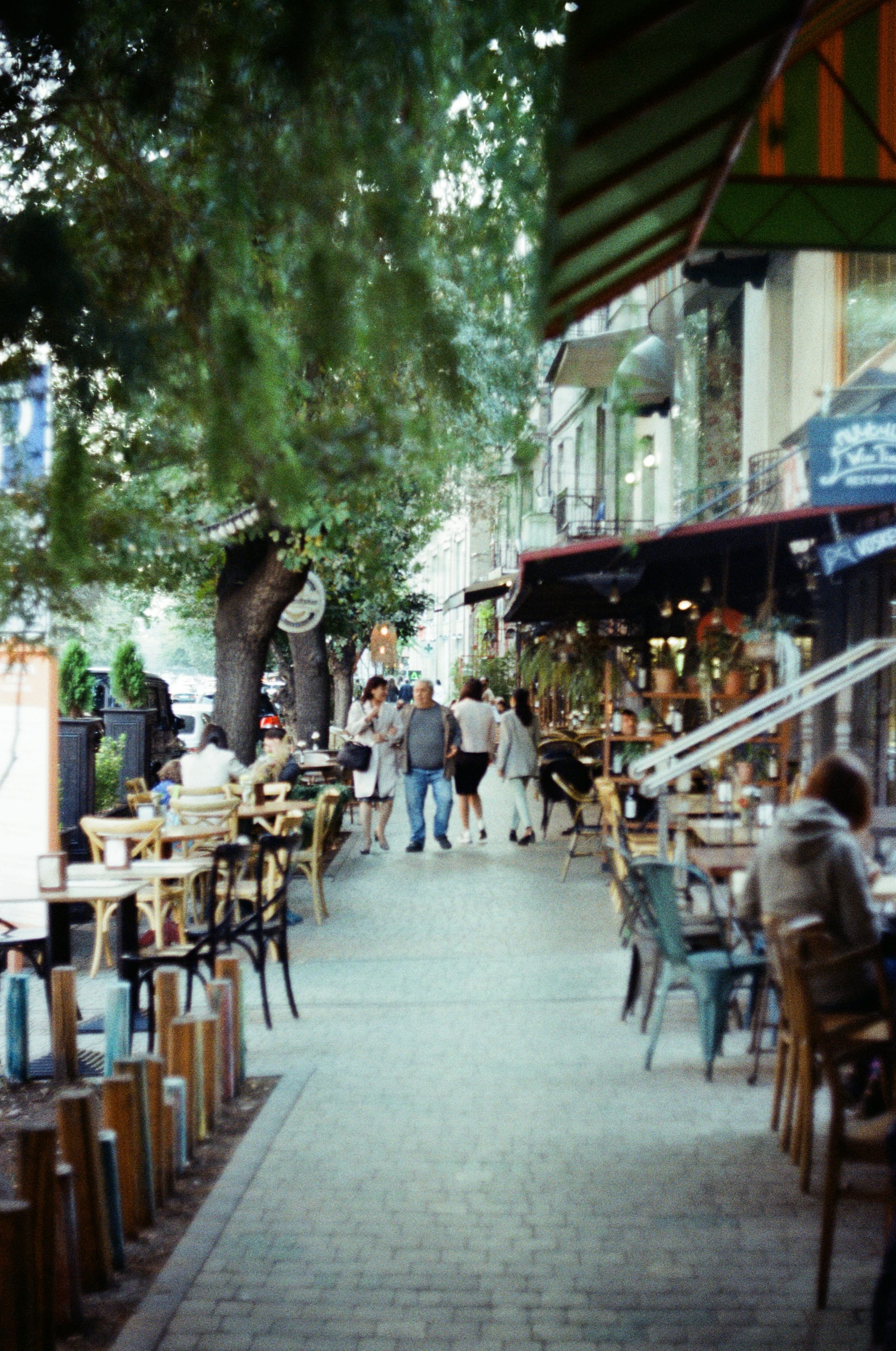 Outdoor cafe terrace with tables and chairs on a tree-lined Yerevan street, Armenia