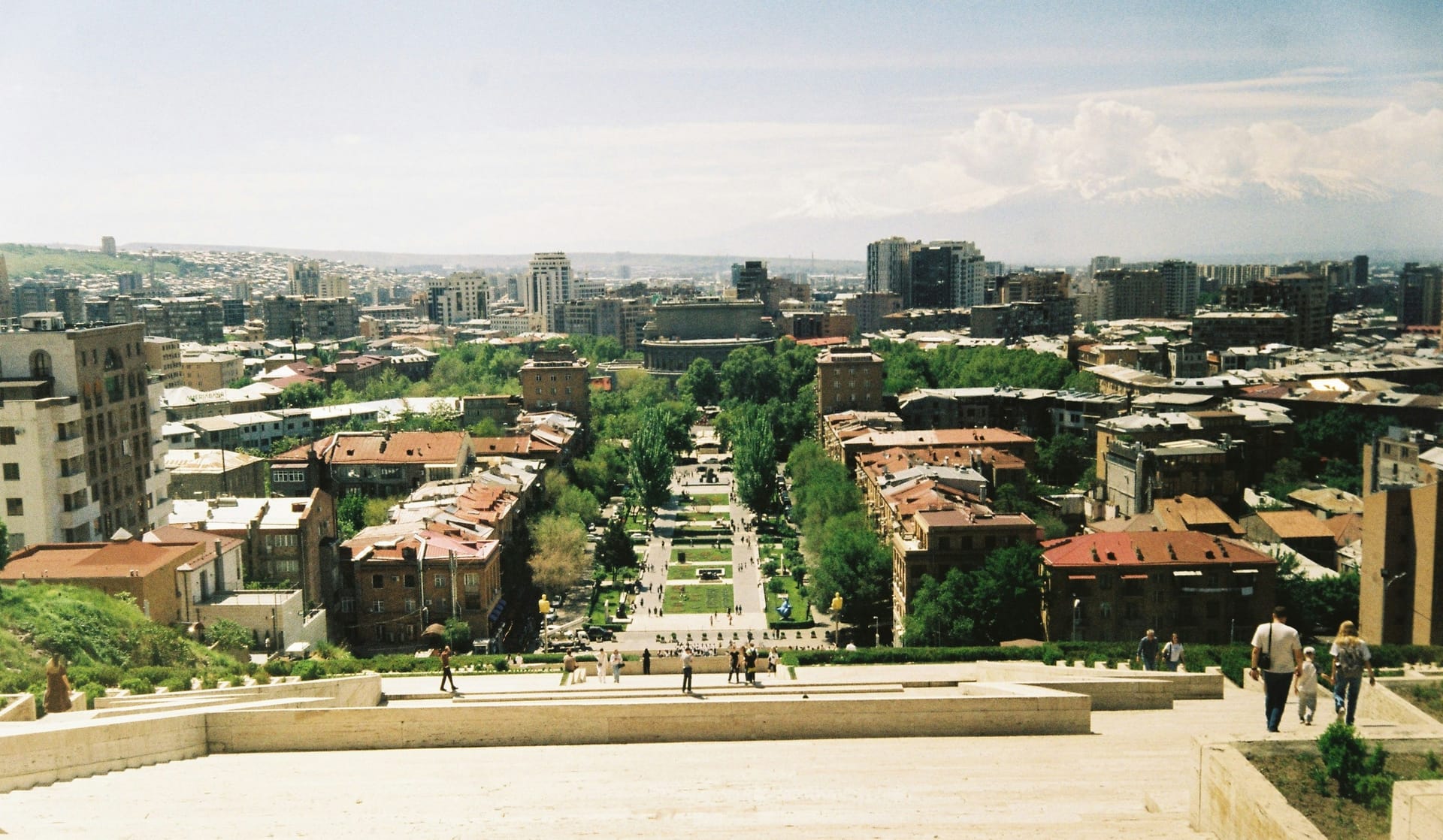 Panoramic view of Yerevan from the Cascade steps with Mount Ararat visible on the horizon, Armenia