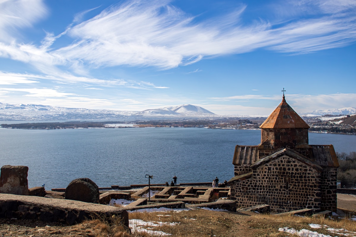Sevanavank monastery on a hill overlooking Lake Sevan, Armenia