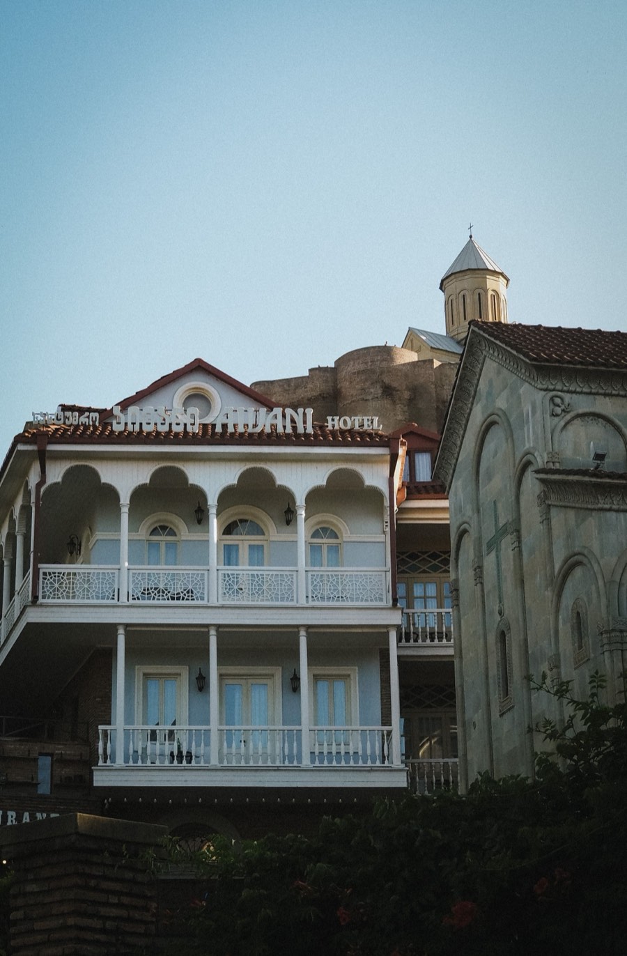 Tbilisi Old Town with carved wooden balconies and historic stone buildings