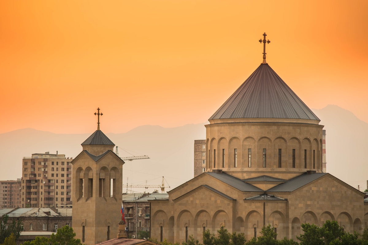 Arabkir Church in Yerevan at golden sunset — visiting Armenia in November