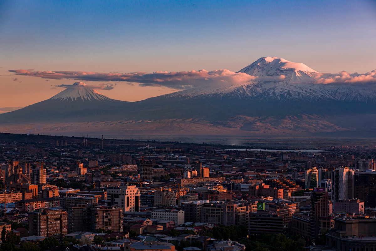 Yerevan cityscape at sunset with Mount Ararat — first-time visitor guide to Armenia