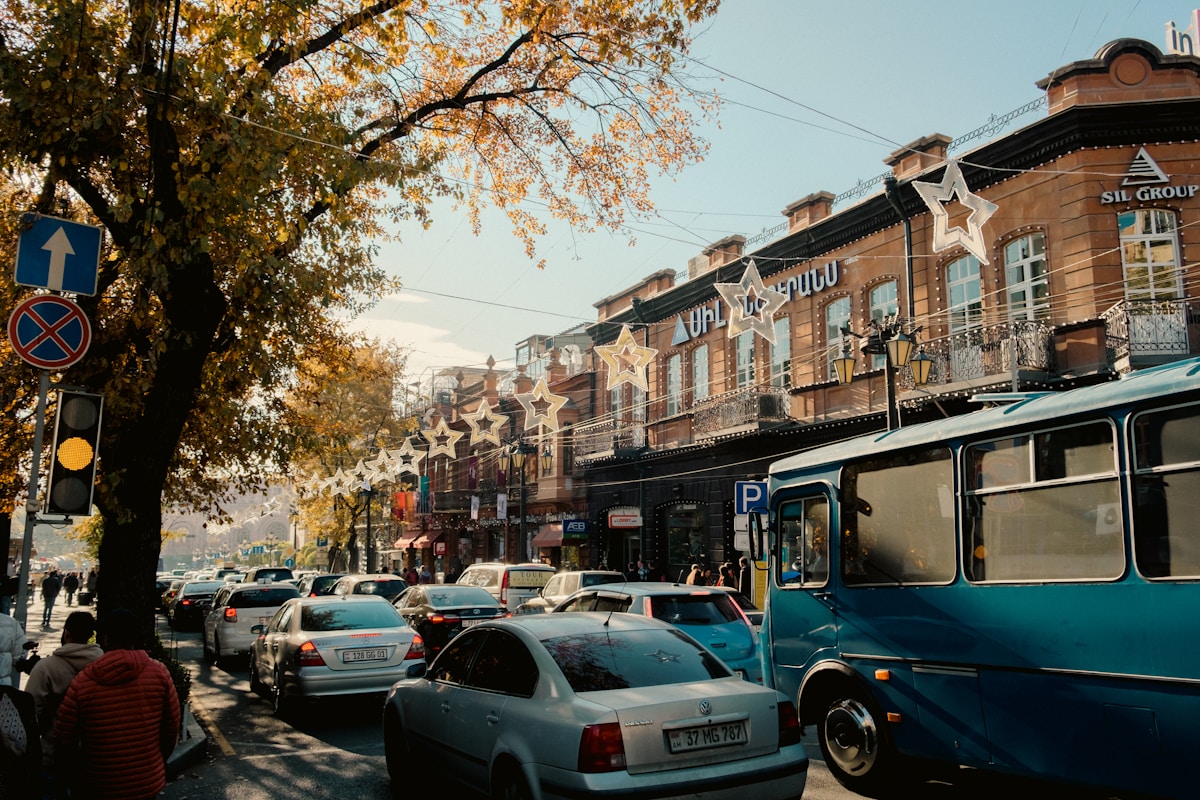 Busy street scene with cars in central Yerevan — is Armenia safe to visit?