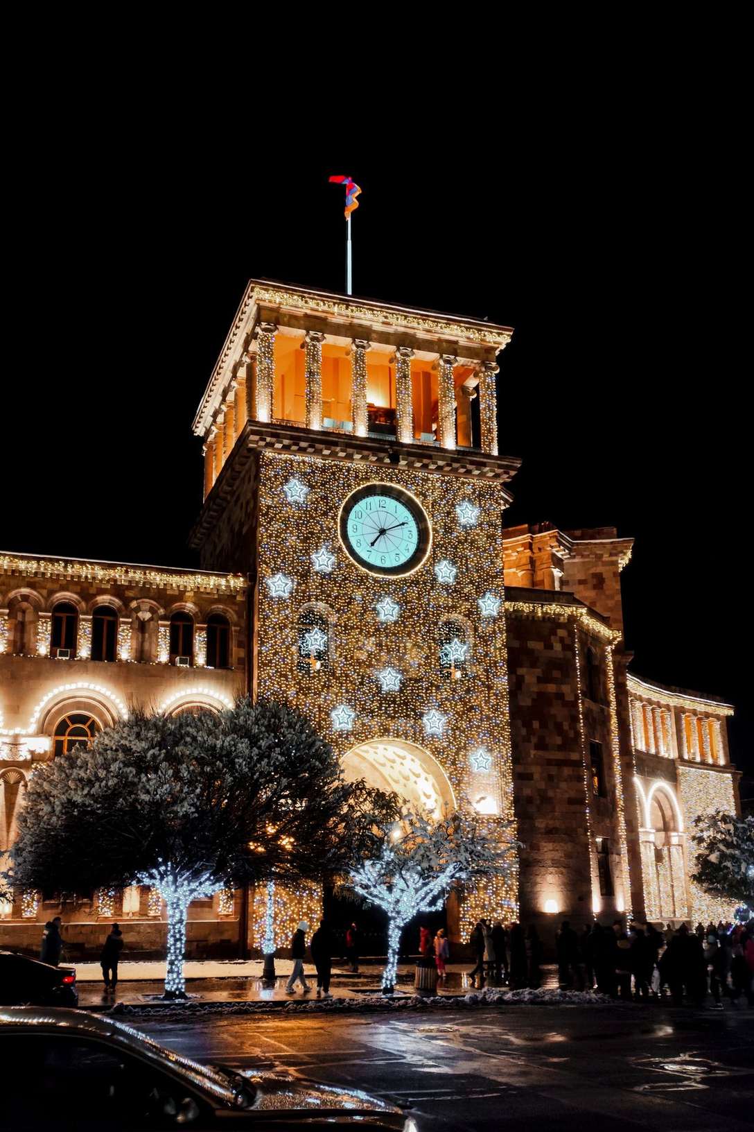 Yerevan's central clock tower lit up with festive decorations during the New Year and Christmas holiday season, Armenia